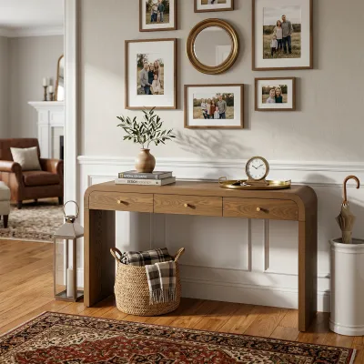 Walnut Curved Design 3-Drawer Long Console Table,  Entryway Sofa Table with Gold Pull Handles, Storage Accent Table for Living Room Hallway Foyer