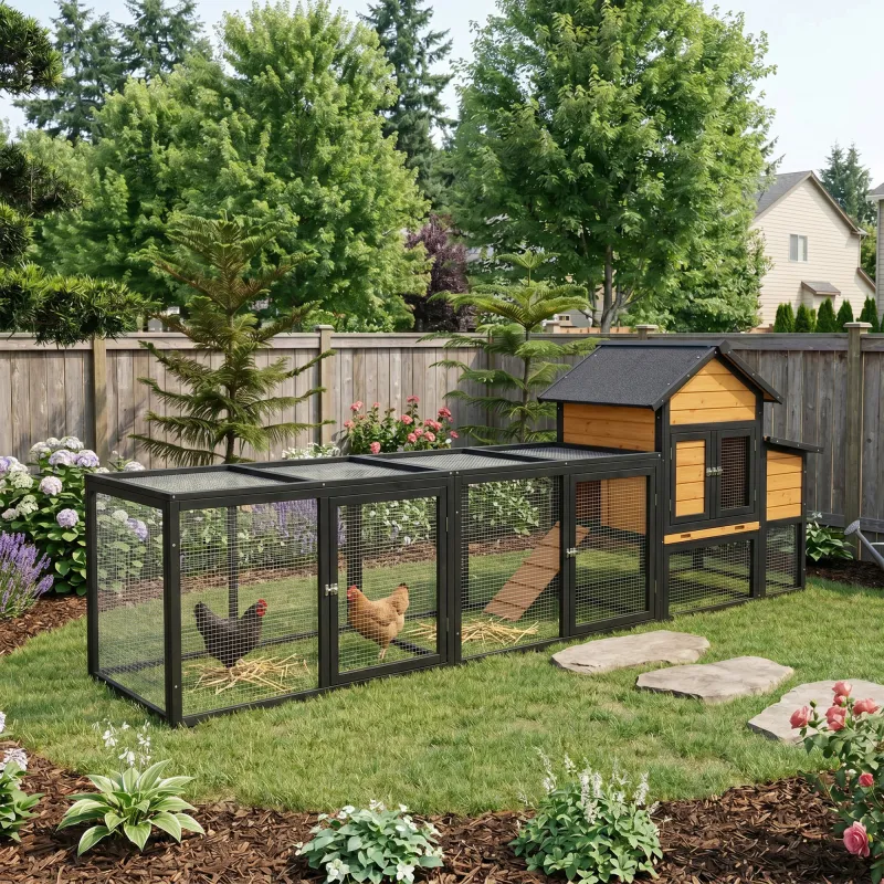 119.5＂Outdoor Wooden Chicken Coop with Run, 7 Doors, Pull-Out Tray, Nesting Box & Ramp – Backyard Poultry House for 2 – 4 Chickens, Expandable Design