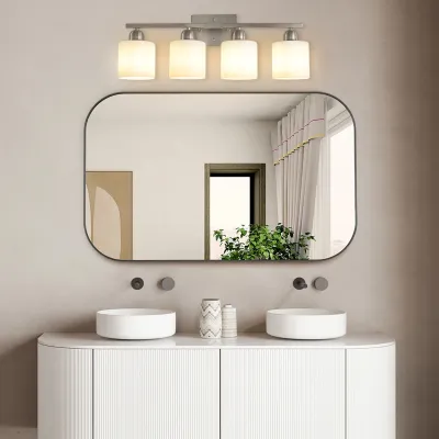 Modern 4-Light Bathroom Fixture with Nickel Finish and Milky White Glass Shade, Wall Sconces Lighting for Bathrooms, Bedrooms and Hallways (No Bulbs)