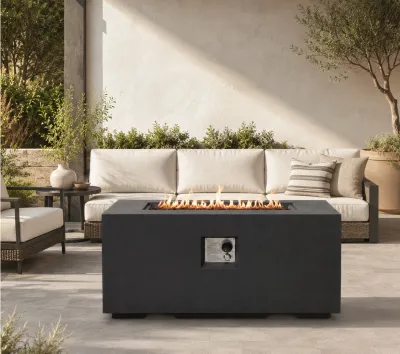 42-inch Outdoor Fire Pit Table, 50,000 BTU Propane Fire Pit, Lightweight Concrete Gas Fire Table with Lava Rocks, Burner Lid & Waterproof Cover, Rectangular Firepit for Patio Garden