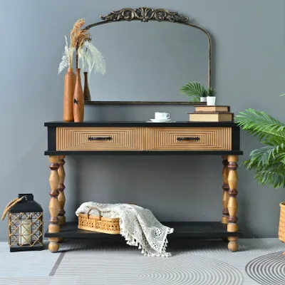 Easy Assembly 47.64" Accent Rustic Solid Wooden Carved Console Table With Turning Legs , Living Room Rectangle Console Table With Open Shelf And 2 Drawers