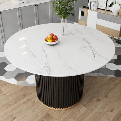 46 Inch Round Faux Marble Dining Table, Black Wave Metal Base with Gold Decoration - Accommodates 4 People for Kitchen & Dining Room