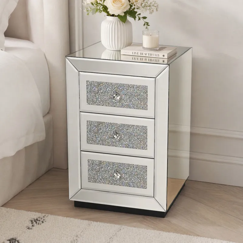 Mirrored Nightstand 3 Drawer, Silver Mirror Finish Bedroom Side Table with Crystal Handles for Living Room, Apartment, Office. Silver.