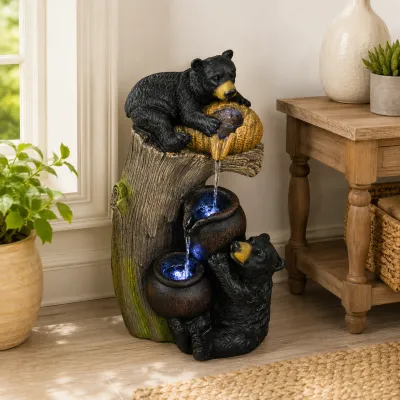 Bear Outdoor Water Fountain with LED Lights Cascading Fountains Outdoor for Patio Yard Balcony 23.62'' Garden Fountains Outdoor and Outdoor Water Fountain Decor