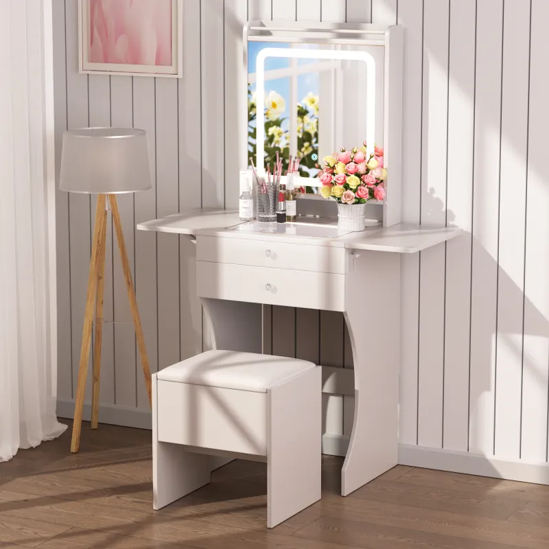 Vanity Set for Small Bedrooms - Small Space Makeup Vanity with Stool, Compartmentalized Drawers & 20cm Foldable Side Tables (Left and Right)