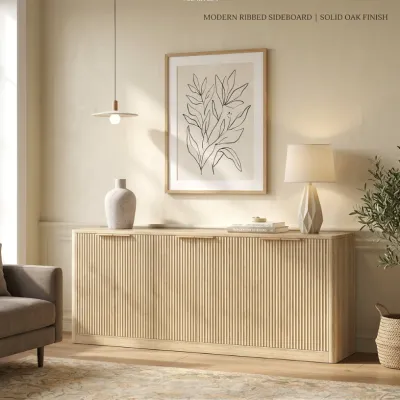 Natural Wood Sideboard Cabinet Farmhouse Buffet Cabinet with Slatted Doors & Adjustable Shelf, Wood Coffee Bar Storage Station for Kitchen, Dining Room, Living Room, Entryway