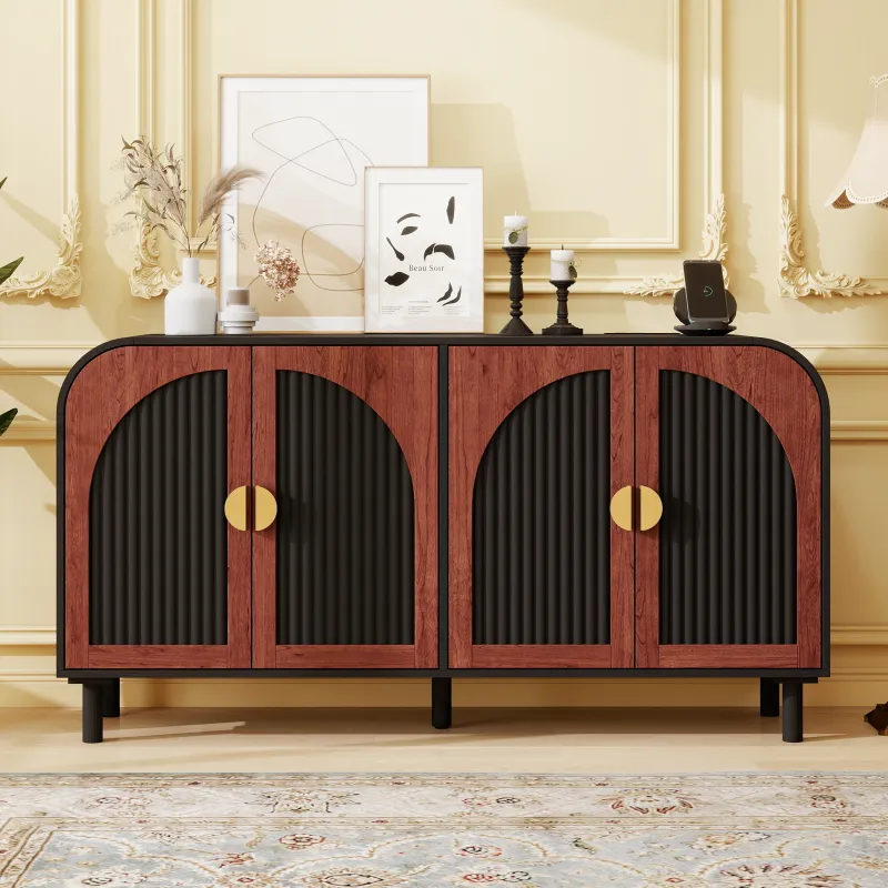 Vintage Arched Sideboard Cabinet with Gold Half-Moon Handle, MDF Storage Cabinet with Adjustable Shelves & Solid Wood Center Leg, 4-Door Buffet Cabinet for Dining Room, Entryway, Living Room