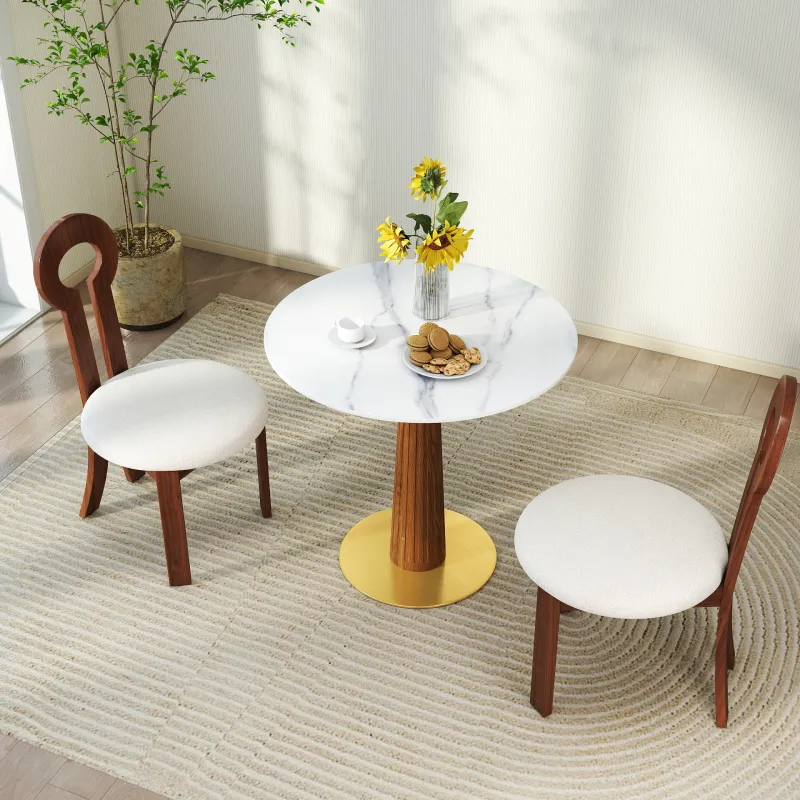 Modern Round Dining Table, 33.5" Sintered Stone Table with Wooden Leg & Gold Base, 2 - Person Kitchen Table for Small Space, 150lbs Weight Capacity(Only the Negotiation Table)