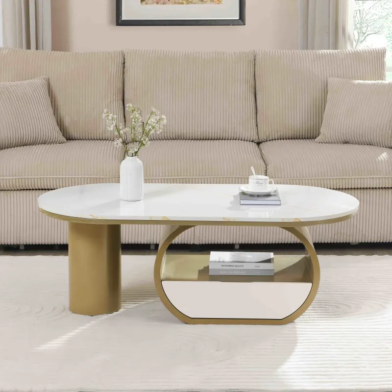 Luxury Modern Oval Coffee Table, 47.24'' Coffee Table with Storage Drawer, Faux Marble Top, Golden Metal Center Table for Living Room