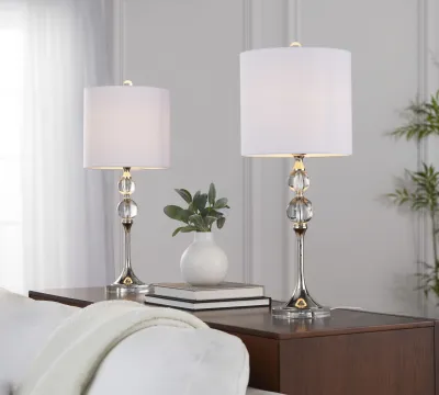 26" Contemporary Crystal Table Lamp in Clear Crystal and Polished Nickel with White Linen Shade from Grandview Gallery  - Set of 2