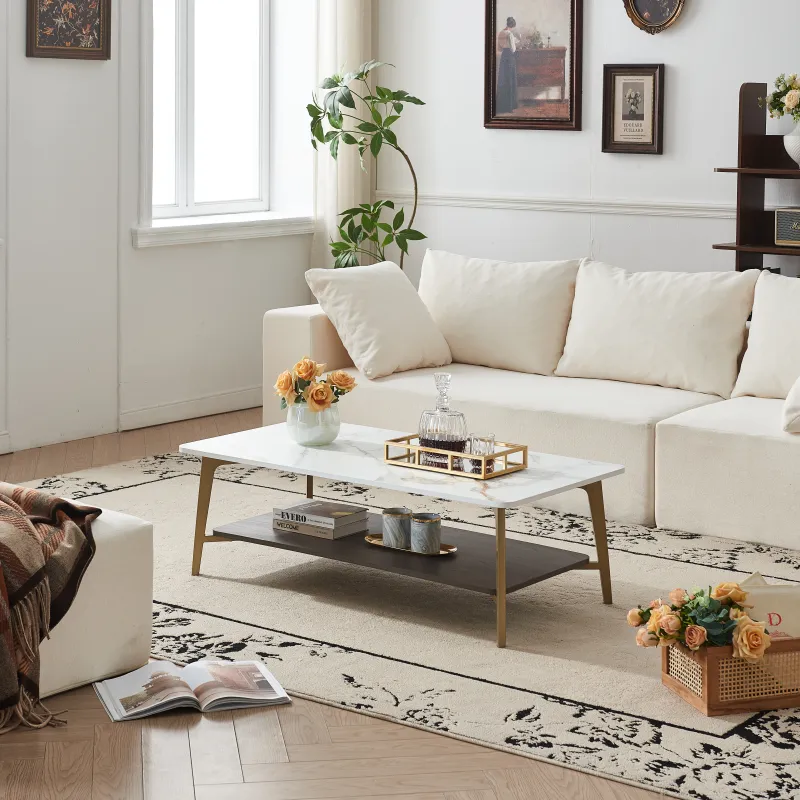 Coffee Table Rectangular Center Table for Living Room Open Space Side Table with Metal Frame