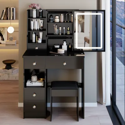 29.2" Small Size Left Drawer Desktop Vanity Table + Cushioned Stool, Large Sliding, Touch Control, Tri-color Switching, Brightness Adjust LED Mirror, High Capacity Storage, Suitable for Small Space