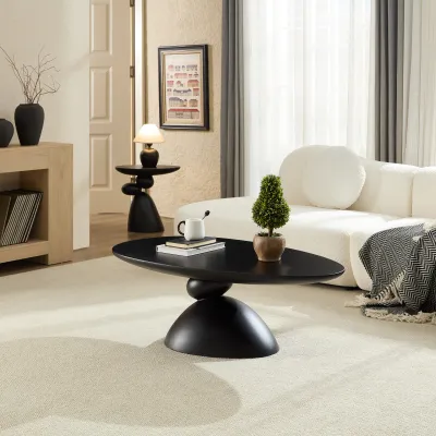47.27" Lucky Stone-shaped Elliptical Coffee Table, Modern Minimalist Glass Fiber Coffee Table, Sculptural Base Living Room Coffee Table, Suitable for Apartments, Black