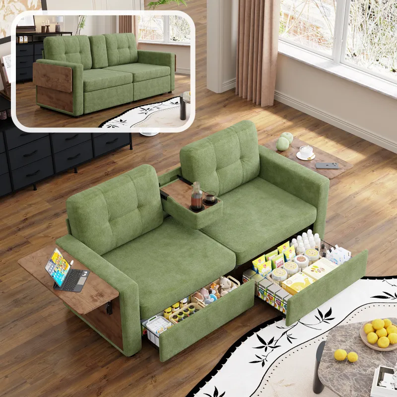 Loveseat Sofa for Living Room, 70.08 Chenille Fabric Couch with Pull-Out Storage Drawers, Foldable Side Tables, Cup Holder Console, Soft Sponge Cushions, Green