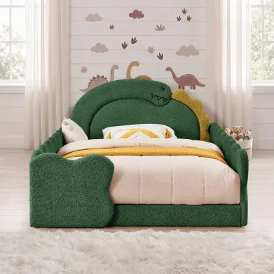 Full Size Cute Dinosaur-Shaped Bed with Safety Guardraild, Solid Wood  Bed Frame for Bedroom, Boucle Fabric