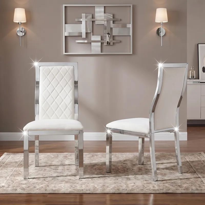 Modern Dining Chairs Set of 2, Faux Leather Dining Room Chairs with Chrome Metal Frame, High Back Upholstered Side Chairs with Diamond Grid Pattern & Adjustable Foot Pads, White