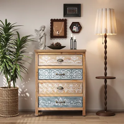 Vintage 4-Drawer Chest with Distressed Wood & Ornate Pattern Design, Rustic Storage Dresser for Bedroom/Living Room
