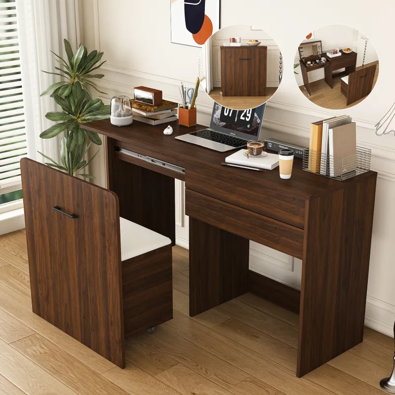 Multi-functional stretching desk, 47-inch foldable desk, makeup table with mirror, has 3 usage modes, equipped with storage function stool, suitable for bedroom, apartment (Walnut)