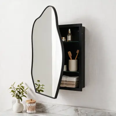 33.5"x22" Irregular Cloud-shaped Surface Mount Mirror Cabinet, Metal Frame Bathroom Medicine Cabinet with Adjustable Glass Shelves, Decorative Storage Mirror for Bathroom Entryway Bedroom, Matte Black
