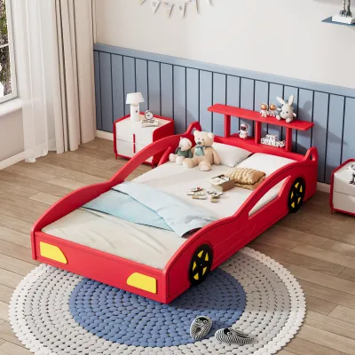 Wooden Race Car Bed,Car-Shaped Platform Twin Bed with Wheels For Teens,Red & Yellow (Old SKU: WF310553AAJ)