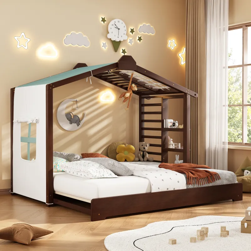 Twin Size House Bed with Twin Size Trundle and Side Shelves, Espresso