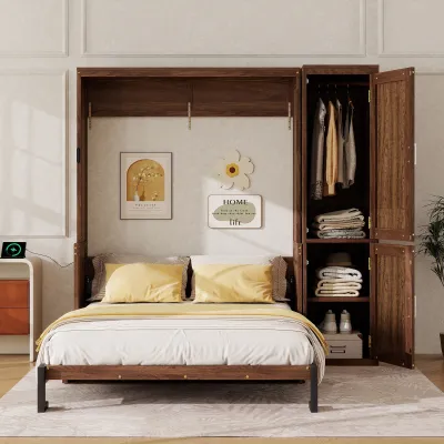 Queen Size Wood Murphy Bed with Wardrobe,Space-Saving Hidden Wall Bed with Desk,Gas Struts,Charging Station,Walnut