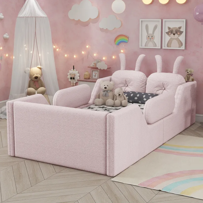 Twin Size Upholstered Platform Bed with Rabbit Cushion, Kids Floor Upholstered Bed with Removable Side Rails, Pink(Old SKUW2593P395807 Expect Arrival Date 2026/7/14)