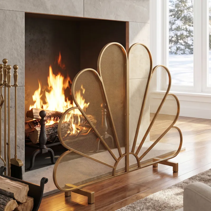 Gold Fan‑Shaped Peacock Design Freestanding Fireplace Screen, 2‑Panel Decorative Metal Mesh Spark Barrier for Home Indoor Fireplaces