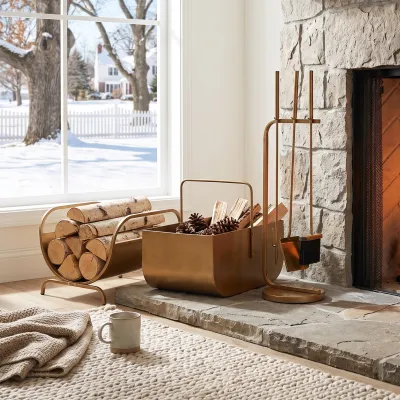 Modern 3‑Piece Fireplace Accessory Set with Log Rack, Firewood Storage Bucket and Complete Fireplace Tools for Home Hearth, Gold