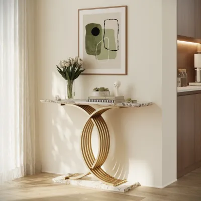 Accent Table Console Table ,Gold Intertwined Metal Legs Luxury High-End Entryway Furniture,White