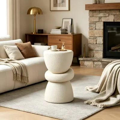 16.14''×13.78''×21.65'' Stacked Organic Sculptural Side Table, Cream Textured Round Fiberglass Accent End Table for Living Room Sofa Corner, No Assembly Required.