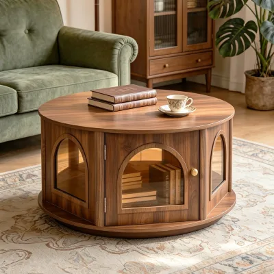 31.5" Round Coffee Table  with Storage, Arched Glass Door Pet House Table in Walnut Wood Grain, Mid-Century Modern Furniture for Living Room
