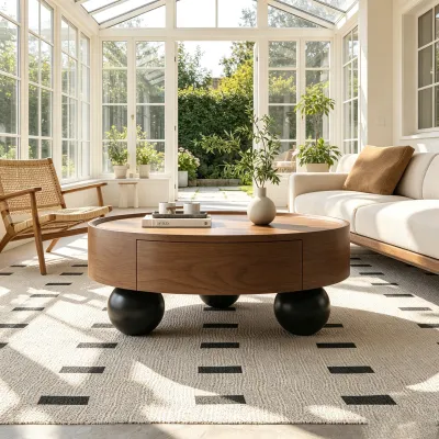 35.43 Inch Round Walnut Coffee Table with Storage Drawer and Black Ball Feet, Mid-Century Modern Wooden Cocktail Table for Living Room