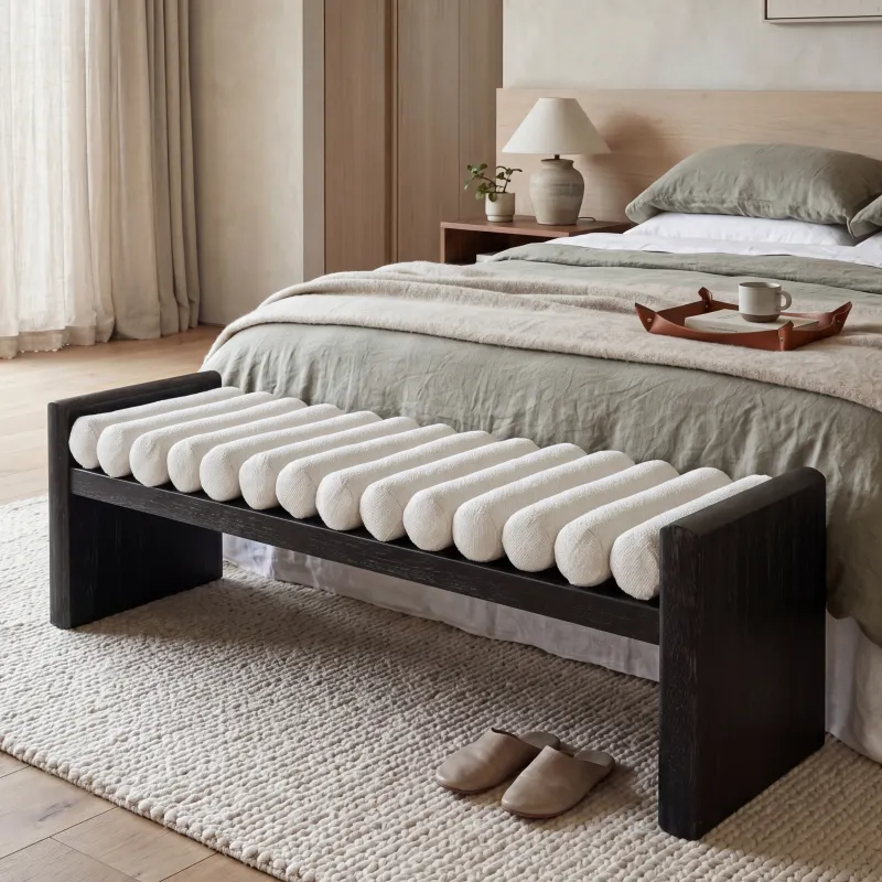 62.8" Modern Chenille Upholstered Bench, Rubberwood Frame Ottoman Bench with Rolled Cushions, Indoor Entryway Bench in Natural/Black Finish