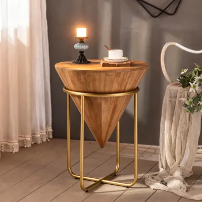 Minimalist & Luxe Wood & Gold Side Table, Cone-Shaped Round Accent Table, Multi-Space Versatile End Table for Living Room, Bedroom & Small Apartments