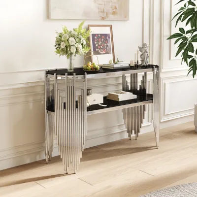 Luxury Silver Console Table with 2-Tier Black Tempered Glass Shelves, Modern Oval Entryway Table for Hallway & Living Room, Polished Stainless Steel Frame, 47" x 15.7" x 31.5"