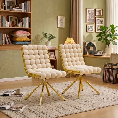 Set of 2 Cream Bubble Tufted Swivel Accent Chair, Modern Velvet Armless Chair with Gold Metal Frame for Dining Room, Living Room & Vanity Desk, Swivel Chair
