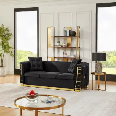 82.3" Luxury Italian Velvet 3-Seater Sofa, 2 Throw Pillows, Thick Seat Cushion, Wide Armrests & Elegant Gold Metal Accents, Modern Sofa for Living Room, Bedroom and Home, Black