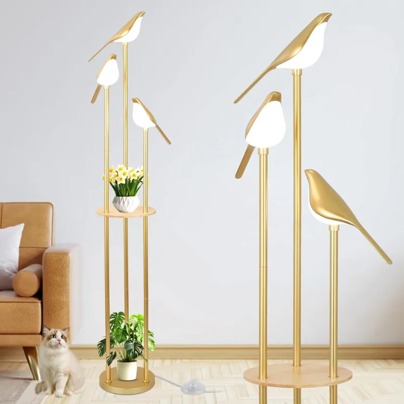 Gold Floor Lamps for Living Room, Modern Floor Lamp with Shelves, Mid Century Standing Lamp with 3 Adjustable LED Bird Lights