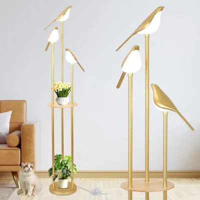 Gold Floor Lamps for Living Room, Modern Floor Lamp with Shelves, Mid Century Standing Lamp with 3 Adjustable LED Bird Lights