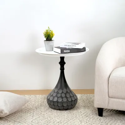 Accent Metal Coffee Table, Pedestal Table for Living Room, Hand-hammered Texture, White+Black