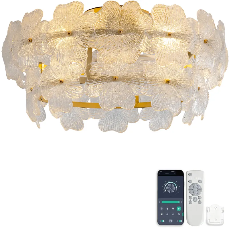 19-inch Floral Glass Ceiling Fan with ABS blades, remote control and Bluetooth app operation, six reversible speed settings, suitable for bedrooms, apartments, newlywed homes