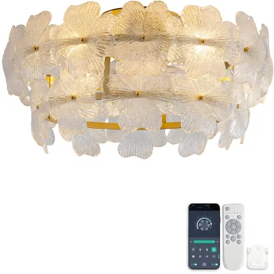 19-inch Floral Glass Ceiling Fan with ABS blades, remote control and Bluetooth app operation, six reversible speed settings, suitable for bedrooms, apartments, newlywed homes