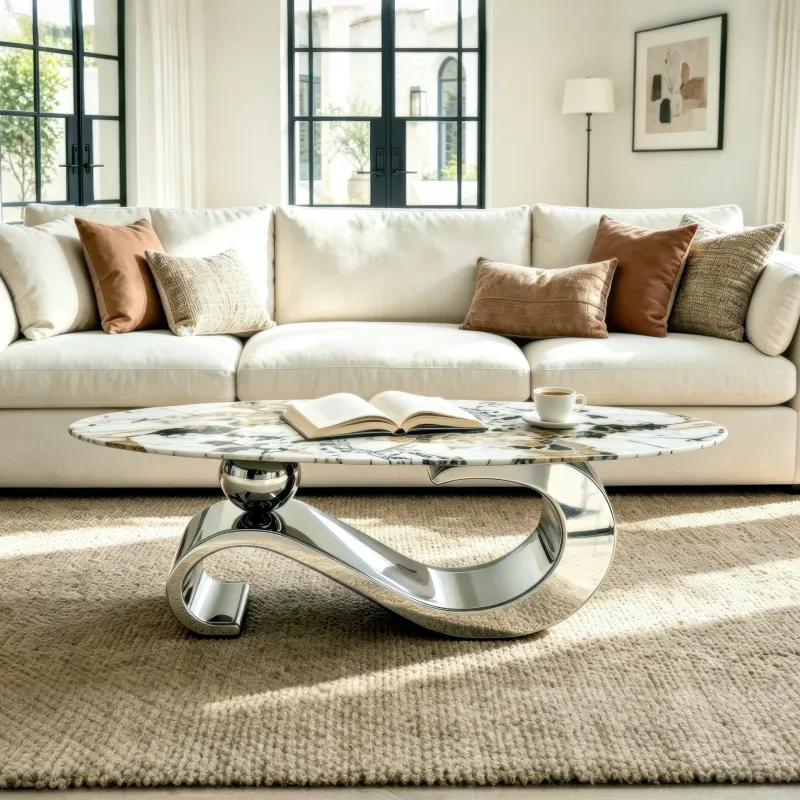 51.20 Inch Oval Faux Marble Coffee Table for Living Room,Modern design,White marble pattern,Silver Stainless Steel Base.