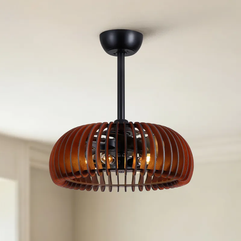 20" Pumpkin Wood Ceiling Fan, Rustic Farmhouse Plywood Fandelier with 6 E12 Sockets, Reversible DC Motor,  Adjustable Hanging, 6 Speeds Remote Control Ceiling Fan for Dining Room Kitchen