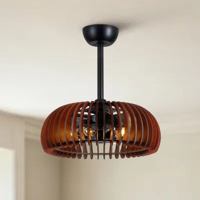 20" Pumpkin Wood Ceiling Fan, Rustic Farmhouse Plywood Fandelier with 6 E12 Sockets, Reversible DC Motor,  Adjustable Hanging, 6 Speeds Remote Control Ceiling Fan for Dining Room Kitchen