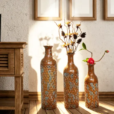 Decorative Metal Vases Set of 3, Rustic Brown Leaf Pattern Floor Vases,Rustic Brown Tall Vases for Home Decor, Living Room Entryway Decor