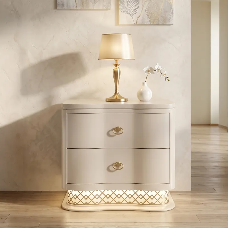 Flora Modern 2 Drawer Nightstand with Smooth Glide Storage and Gold Bar Hardware in Champagne