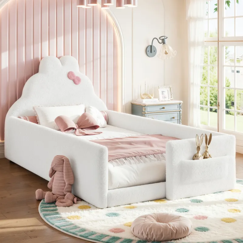 Twin Size Upholstered Floor bed, LowtoGround floor bed, Soft Padded Upholstered Kids bed, Safe Children Bed Frame with Side Storage Pocket for Kids.White