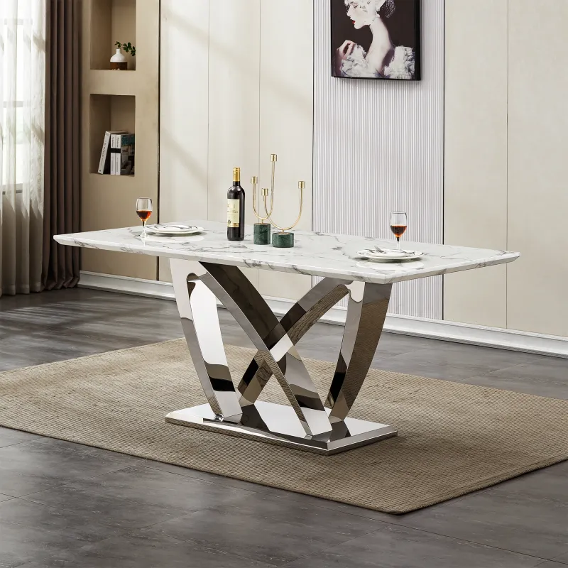 Marble Dining Table for 6 People, 70'' Rectangle Faux Marble Dining Table with Mirrored Finish Stainless Steel Base, Modern Large Size Marble Kitchen Table (Silver,White)(only table)